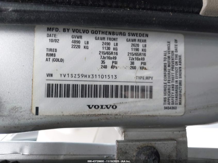 2003 Volvo Xc70 2.5T VIN: YV1SZ59HX31101513 Lot: 43728600