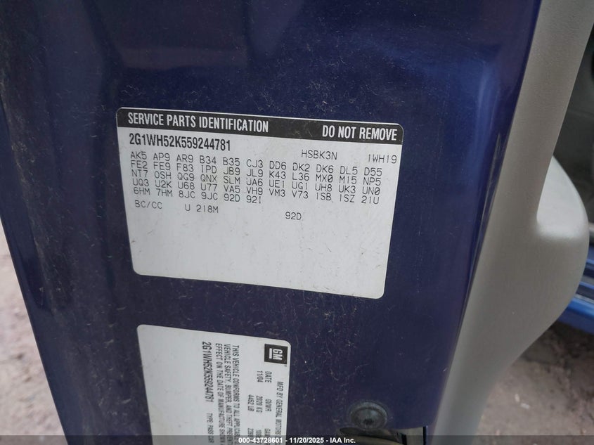 2005 Chevrolet Impala Ls VIN: 2G1WH52K559244781 Lot: 43728601