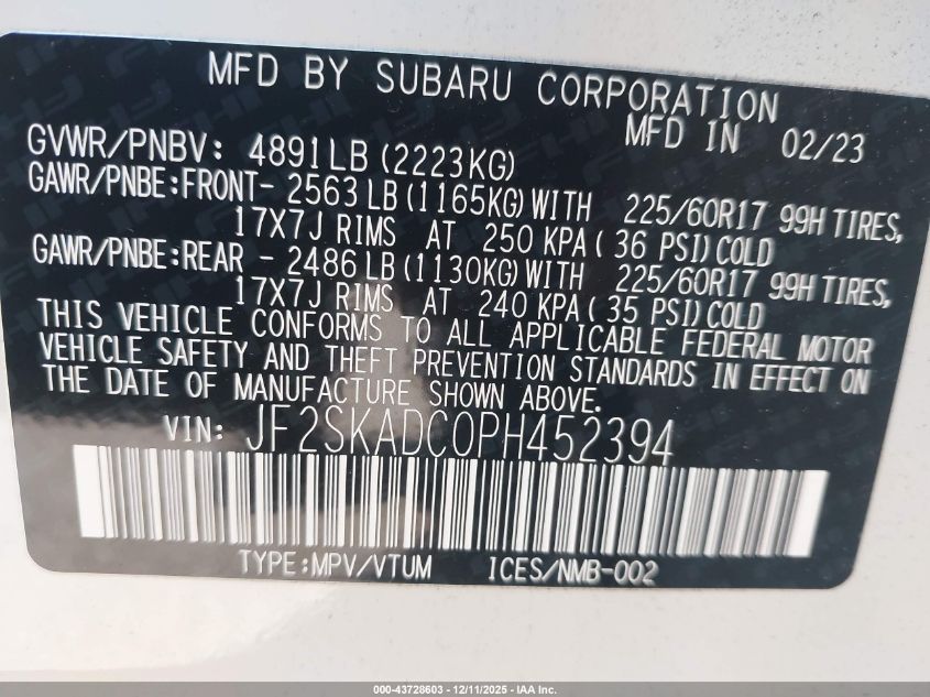 2023 Subaru Forester Premium VIN: JF2SKADC0PH452394 Lot: 43728603