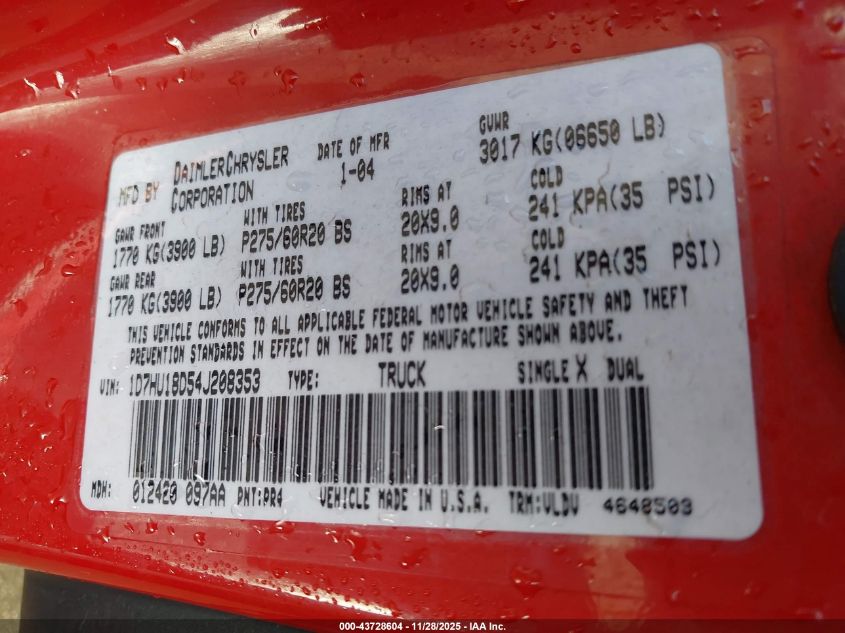 2004 Dodge Ram 1500 Slt/Laramie VIN: 1D7HU18D54J208353 Lot: 43728604