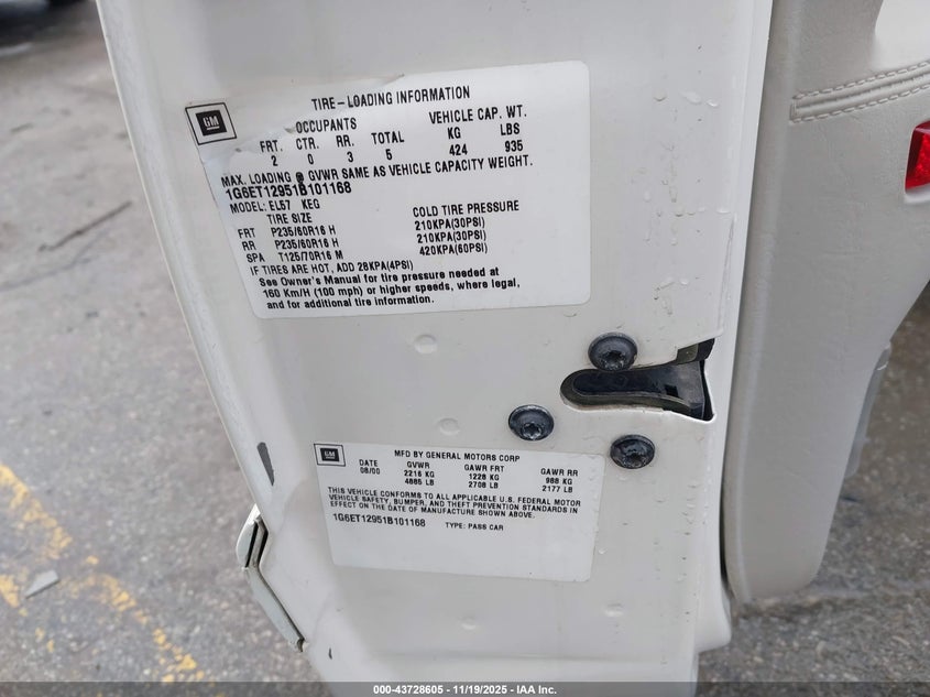 2001 Cadillac Eldorado Etc VIN: 1G6ET12951B101168 Lot: 43728605