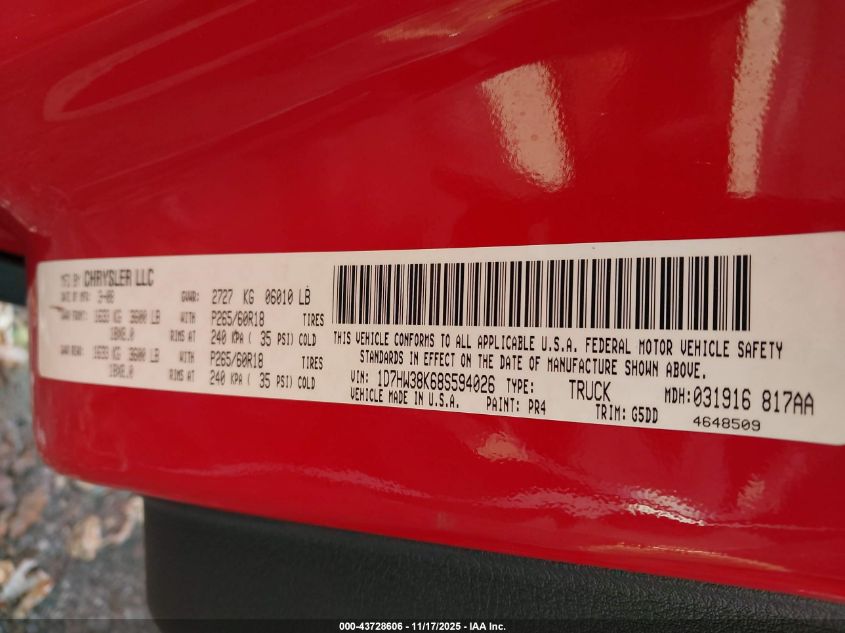 2008 Dodge Dakota Sxt/Bighorn/Lonestar VIN: 1D7HW38K68S594026 Lot: 43728606