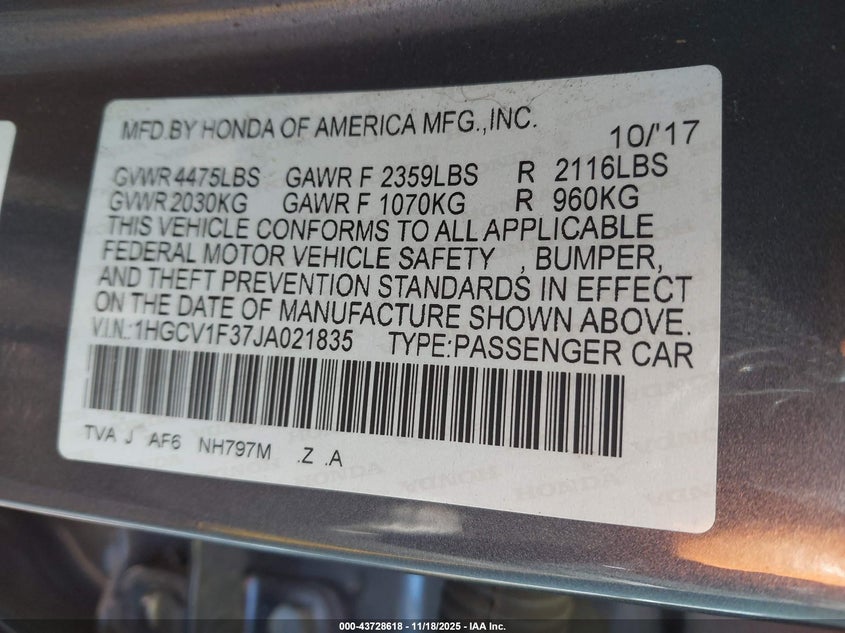 1HGCV1F37JA021835 2018 HONDA ACCORD photo no. 9