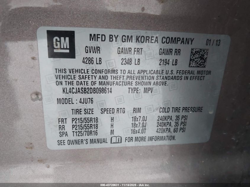 2013 Buick Encore VIN: KL4CJASB2DB098614 Lot: 43728631