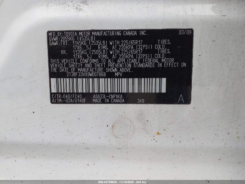 2009 Toyota Rav4 VIN: 2T3BF33VX9W007868 Lot: 43728636