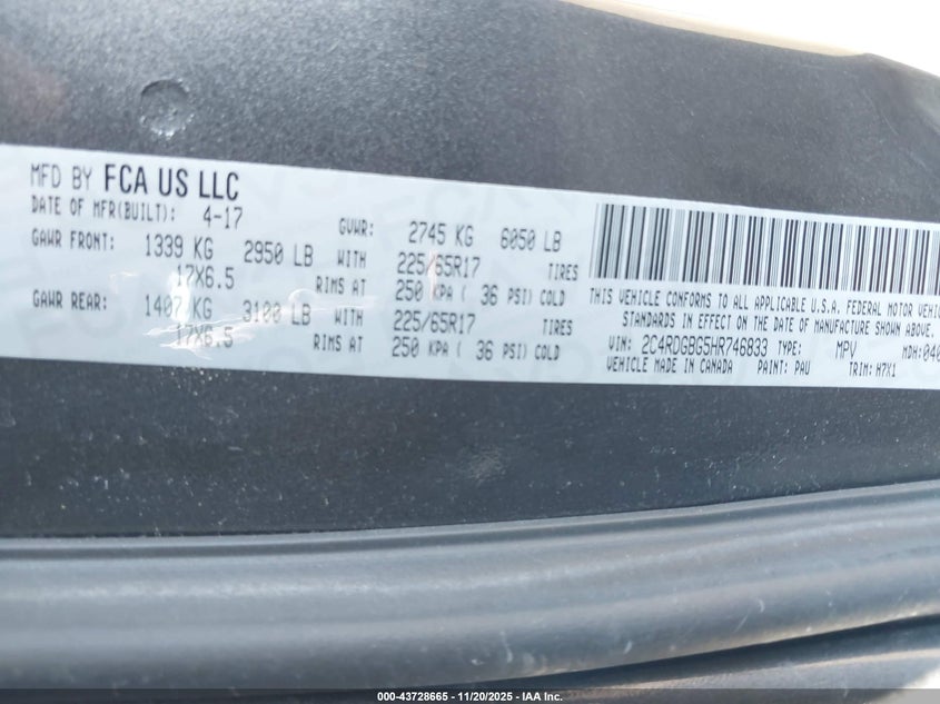 2017 Dodge Grand Caravan Se VIN: 2C4RDGBG5HR746833 Lot: 43728665