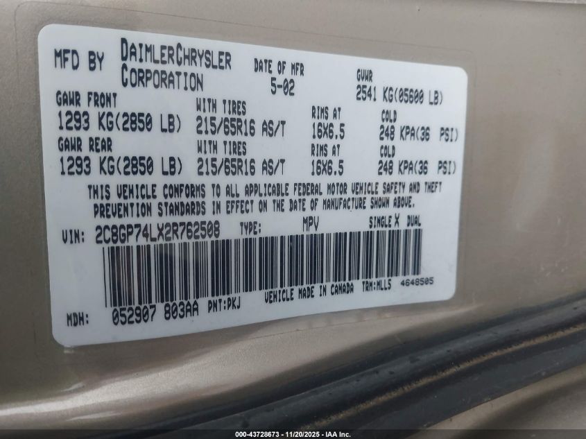 2002 Chrysler Town & Country Ex VIN: 2C8GP74LX2R762508 Lot: 43728673