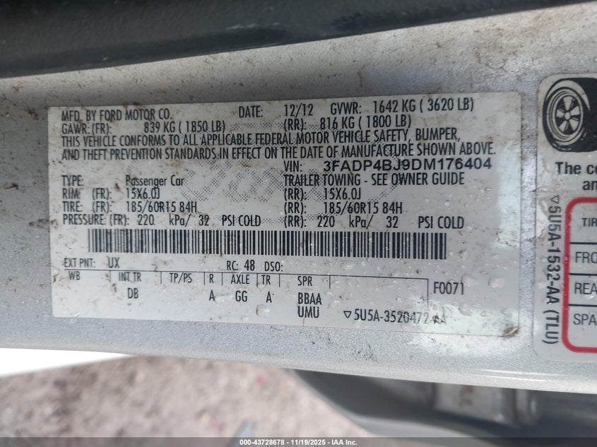 2013 Ford Fiesta Se VIN: 3FADP4BJ9DM176404 Lot: 43728678