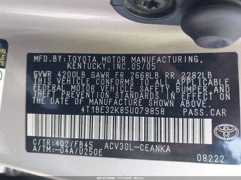 4T1BE32K85U079858 2005 TOYOTA CAMRY photo no. 9