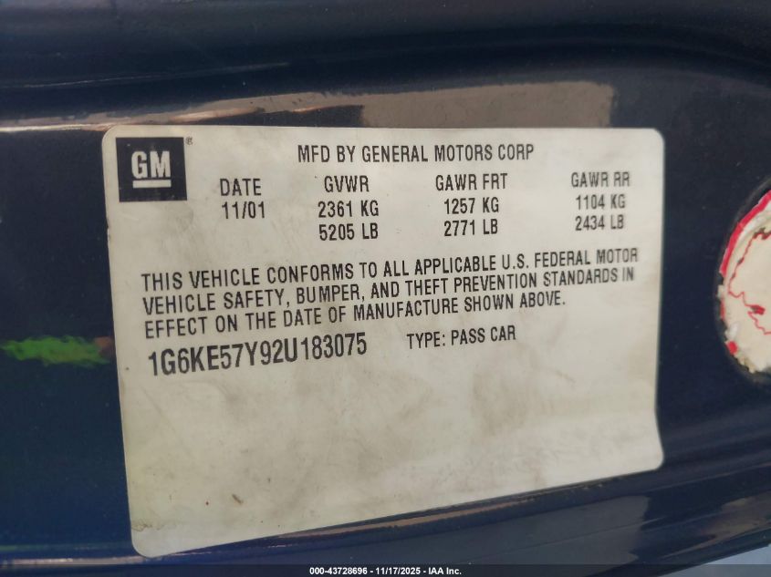 2002 Cadillac Deville Dhs VIN: 1G6KE57Y92U183075 Lot: 43728696