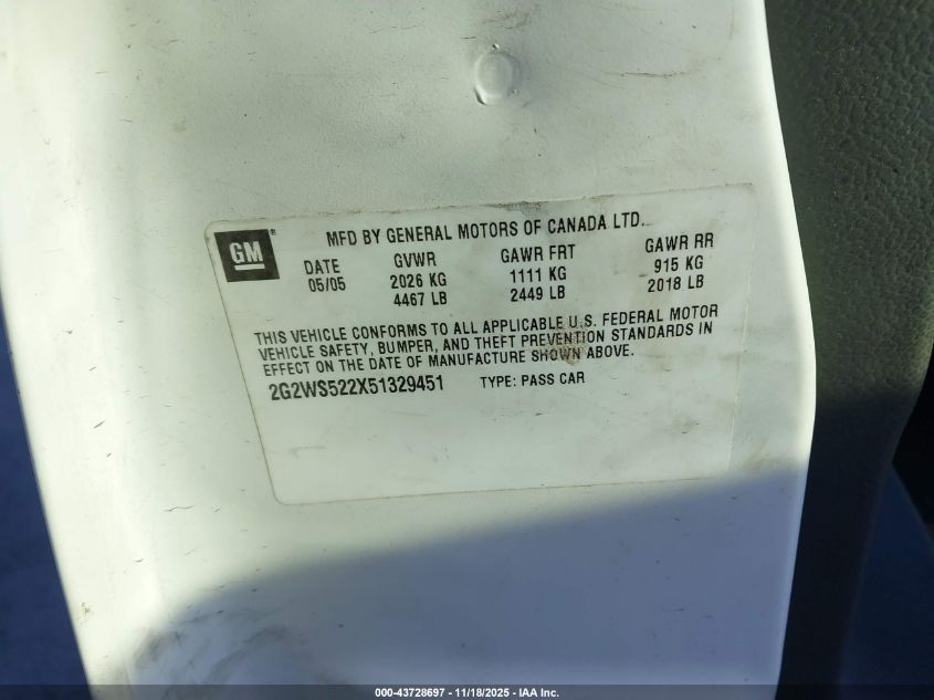 2005 Pontiac Grand Prix Gt VIN: 2G2WS522X51329451 Lot: 43728697