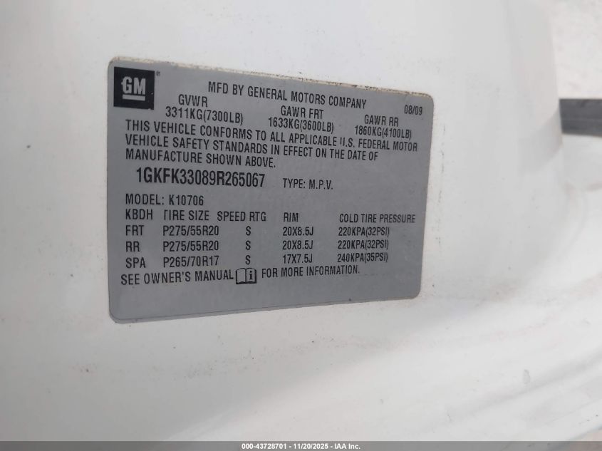 2009 GMC Yukon Slt2 VIN: 1GKFK33089R265067 Lot: 43728701