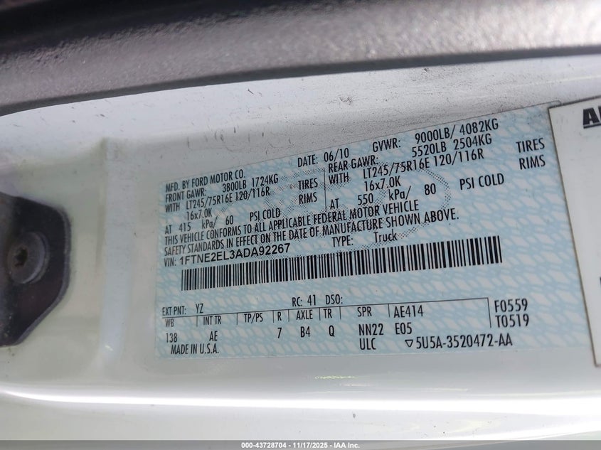 2010 Ford E-250 Commercial/Recreational VIN: 1FTNE2EL3ADA92267 Lot: 43728704