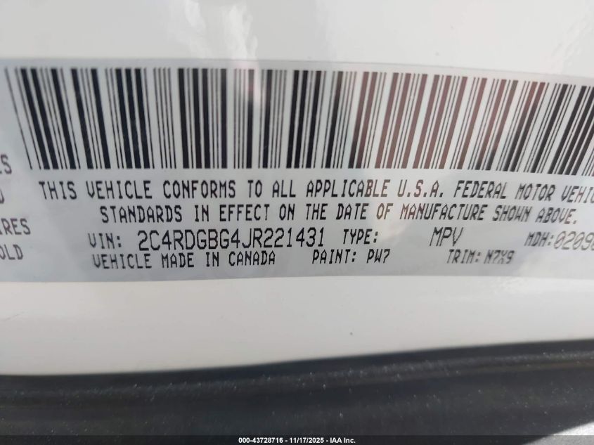 2018 Dodge Grand Caravan Se Plus VIN: 2C4RDGBG4JR221431 Lot: 43728716