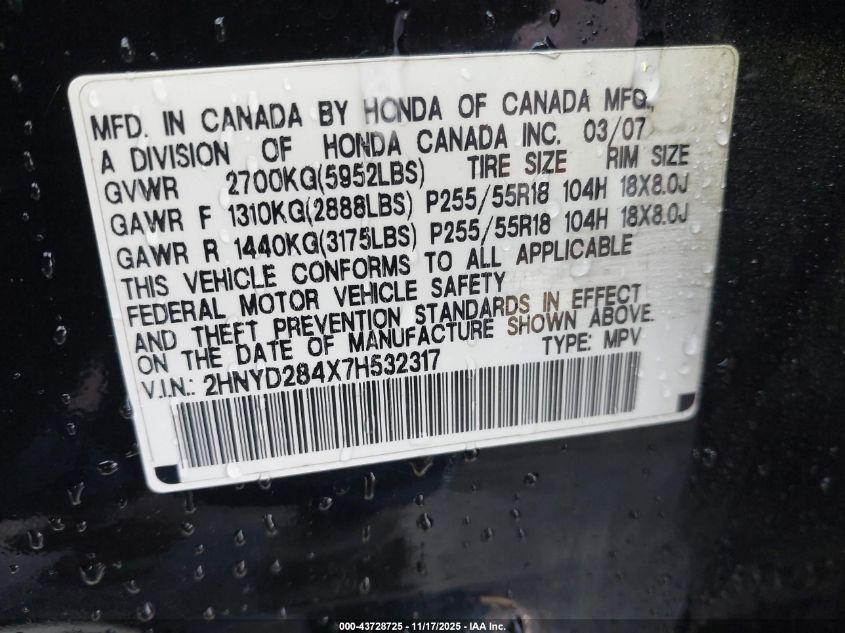 2007 Acura Mdx Technology Package VIN: 2HNYD284X7H532317 Lot: 43728725