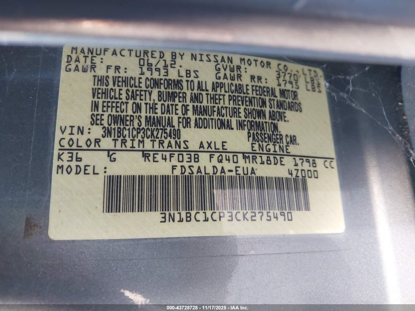 3N1BC1CP3CK275490 2012 NISSAN VERSA photo no. 9