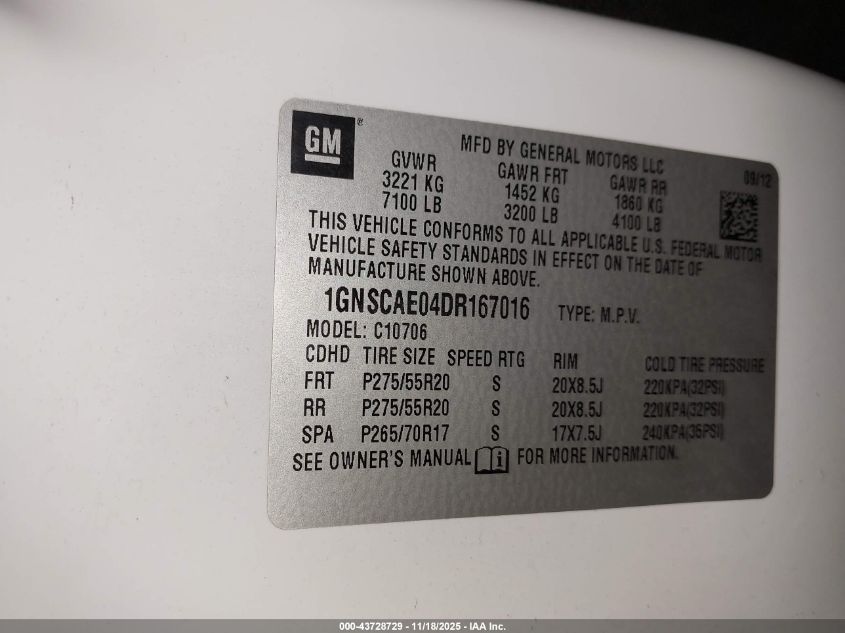 2013 Chevrolet Tahoe Ls VIN: 1GNSCAE04DR167016 Lot: 43728729