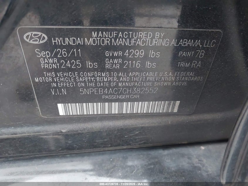 5NPEB4AC7CH382552 2012 HYUNDAI SONATA photo no. 9