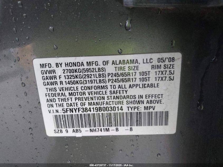 2009 Honda Pilot Ex VIN: 5FNYF38419B003014 Lot: 43728737