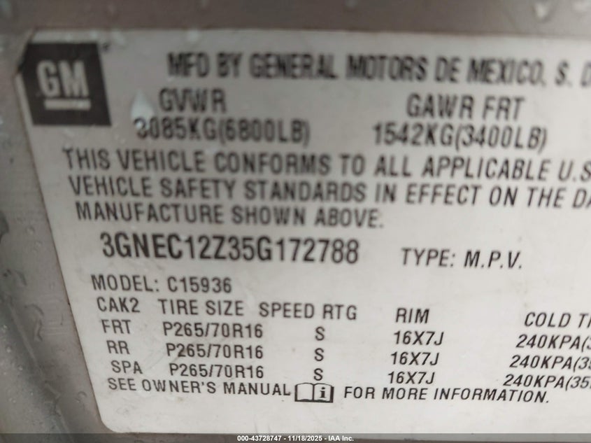 2005 Chevrolet Avalanche 1500 Ls VIN: 3GNEC12Z35G172788 Lot: 43728747