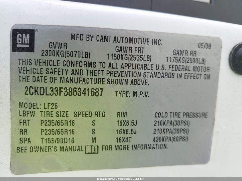 2008 Pontiac Torrent VIN: 2CKDL33F386341687 Lot: 43728755
