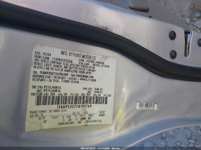 2005 Ford Taurus Se VIN: 1FAHP53275A191769 Lot: 43728757