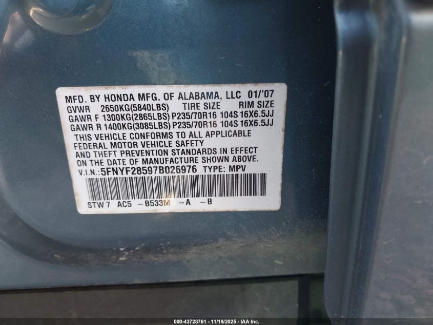 2007 Honda Pilot Ex-L VIN: 5FNYF28597B026976 Lot: 43728761