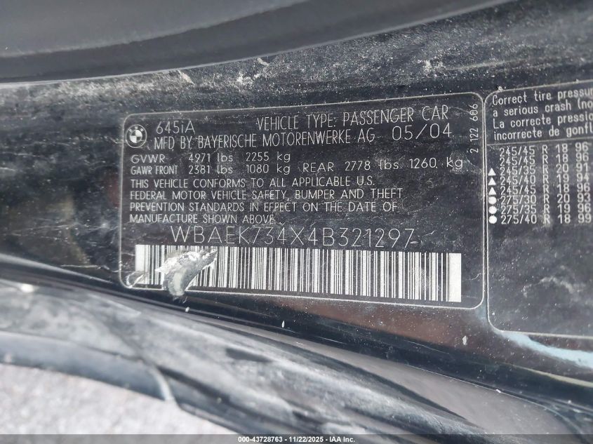 2004 BMW 645Ci VIN: WBAEK734X4B321297 Lot: 43728763