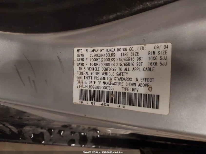 2005 Honda Cr-V Ex VIN: JHLRD78885C007866 Lot: 43728764