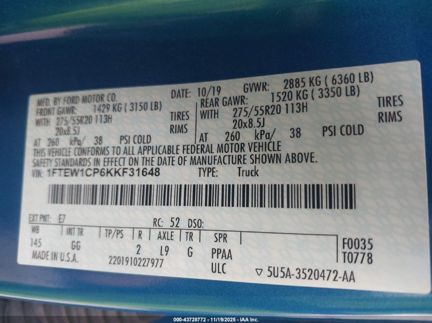 2019 Ford F-150 Xl VIN: 1FTEW1CP6KKF31648 Lot: 43728772