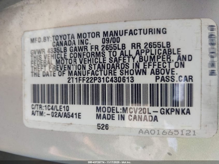 2001 Toyota Camry Solara Sle V6 VIN: 2T1FF22P31C430613 Lot: 43728774