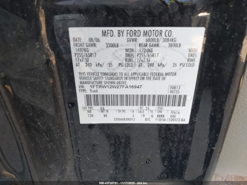 2007 Ford F-150 Xlt VIN: 1FTRW12W27FA16947 Lot: 43728781