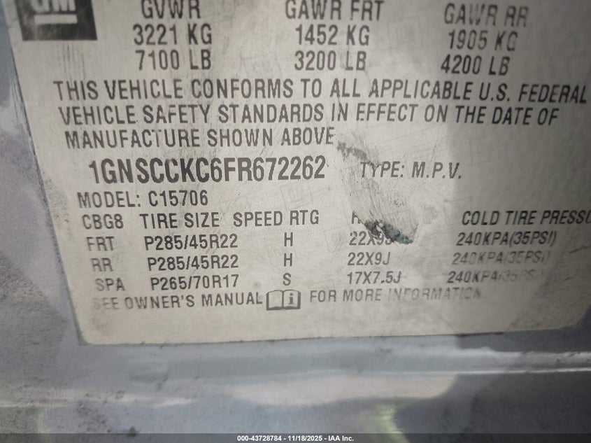 1GNSCCKC6FR672262 2015 CHEVROLET TAHOE photo no. 9