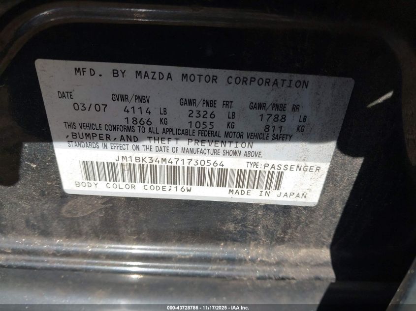 2007 Mazda Mazdaspeed3 Grand Touring VIN: JM1BK34M471730564 Lot: 43728786