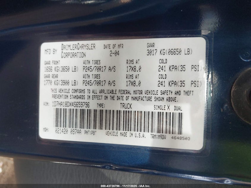 1D7HA18DX4S659796 2004 DODGE RAM photo no. 9