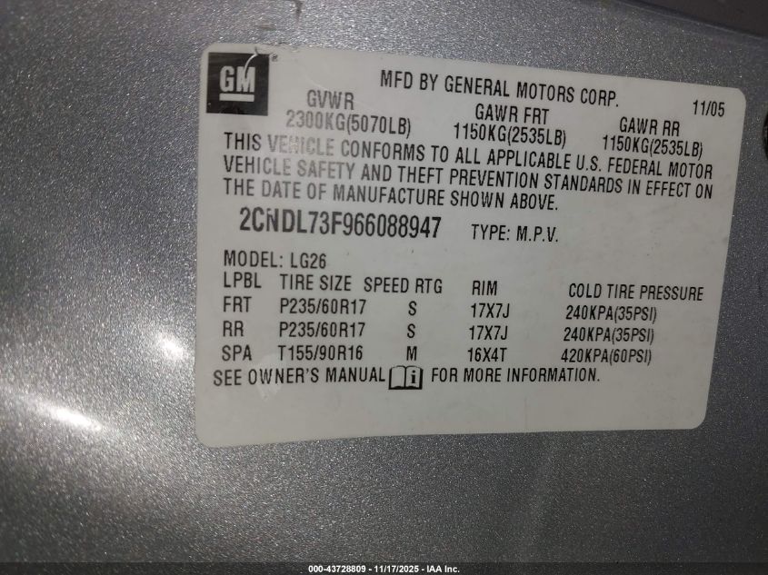 2006 Chevrolet Equinox Lt VIN: 2CNDL73F966088947 Lot: 43728809