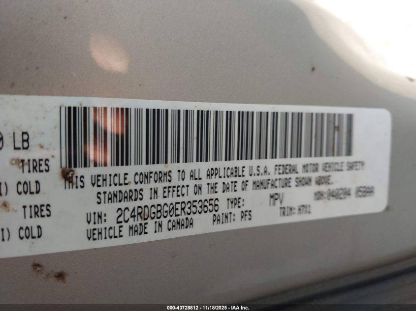 2014 Dodge Grand Caravan Se VIN: 2C4RDGBG0ER353656 Lot: 43728812