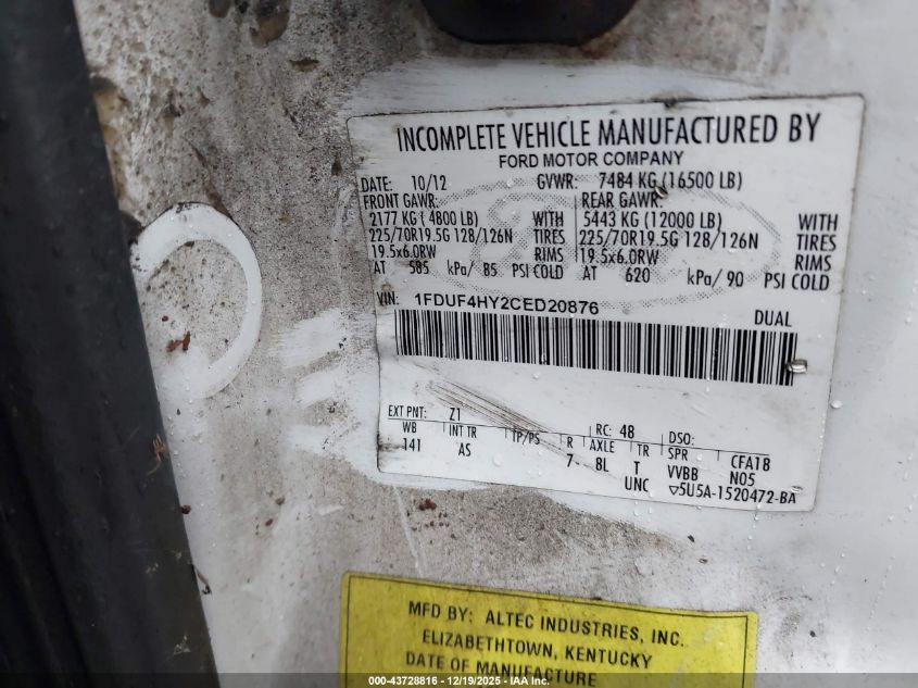 2012 Ford F-450 Chassis Xl VIN: 1FDUF4HY2CED20876 Lot: 43728816