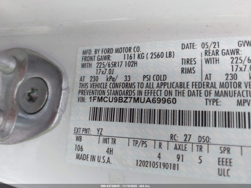 2021 Ford Escape Se Hybrid VIN: 1FMCU9BZ7MUA69960 Lot: 43728835