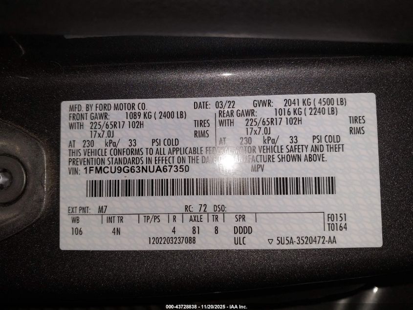 2022 Ford Escape Se VIN: 1FMCU9G63NUA67350 Lot: 43728838