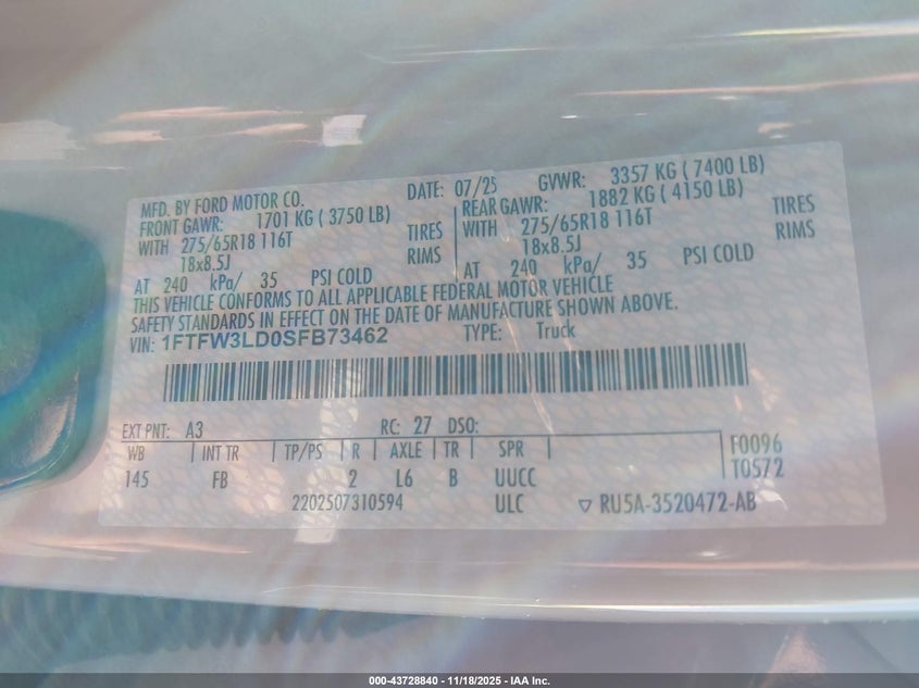 1FTFW3LD0SFB73462 2025 FORD F-150 photo no. 9