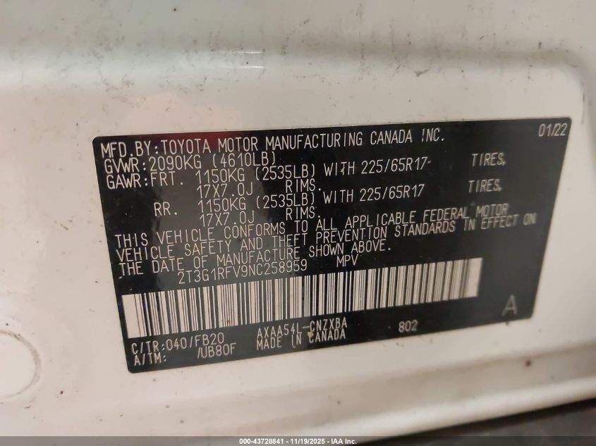 2022 Toyota Rav4 Le VIN: 2T3G1RFV9NC258959 Lot: 43728841