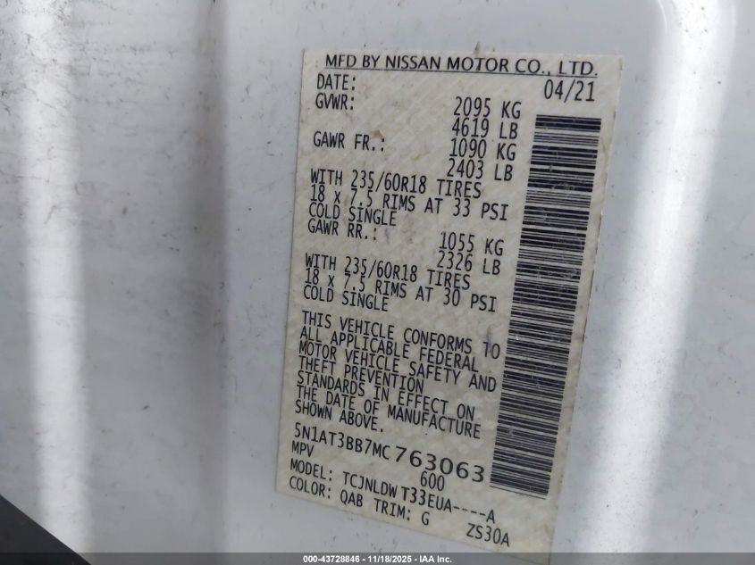 2021 Nissan Rogue Sv Intelligent Awd VIN: 5N1AT3BB7MC763063 Lot: 43728846