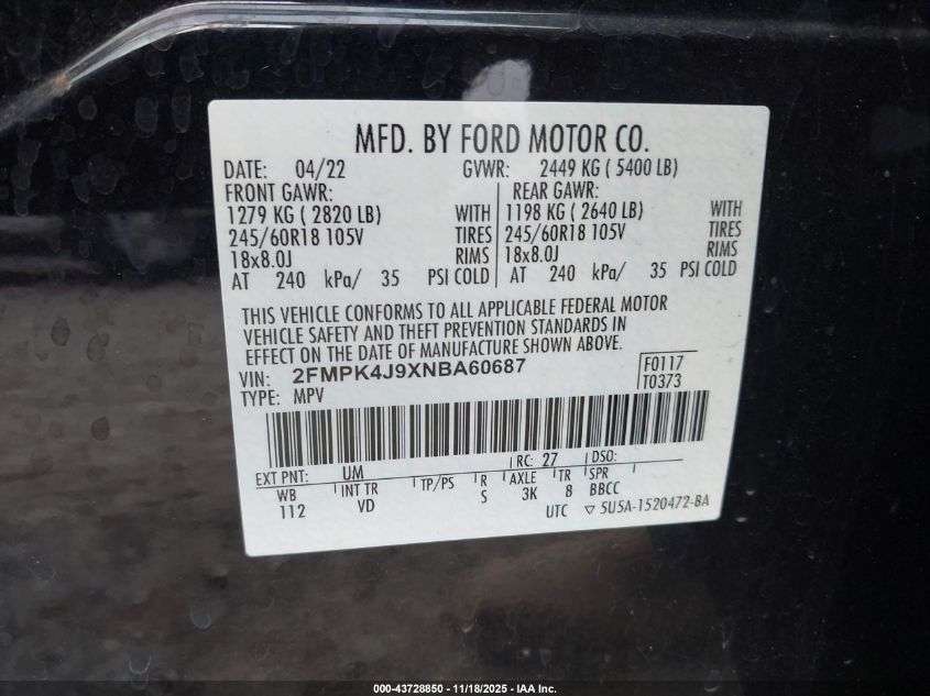 2022 Ford Edge Sel VIN: 2FMPK4J9XNBA60687 Lot: 43728850