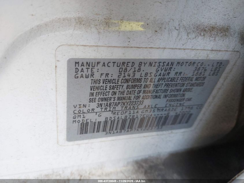 2019 Nissan Sentra S VIN: 3N1AB7AP7KY223733 Lot: 43728849