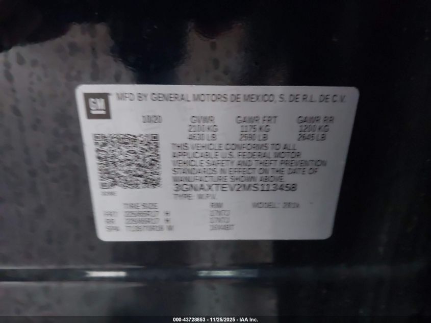 2021 Chevrolet Equinox Awd 2Fl VIN: 3GNAXTEV2MS113458 Lot: 43728853