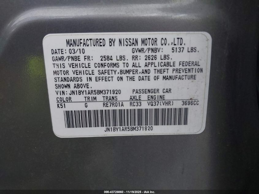 2011 Infiniti M37X VIN: JN1BY1AR5BM371920 Lot: 43728860