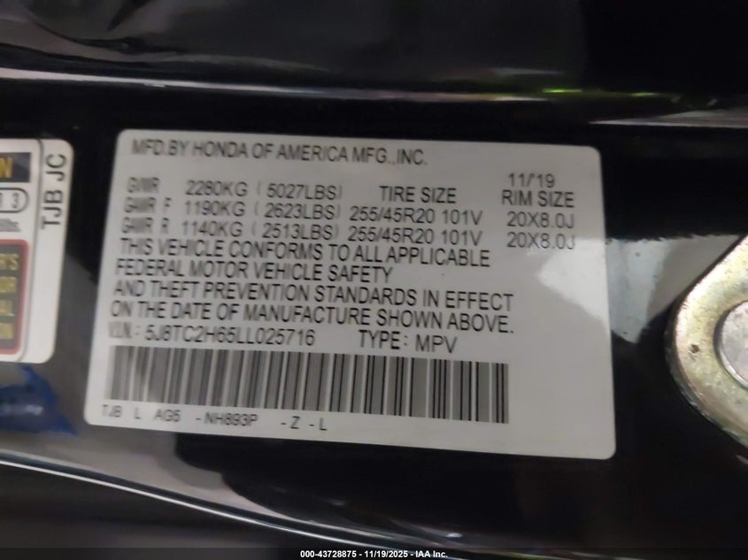 2020 Acura Rdx A-Spec Package VIN: 5J8TC2H65LL025716 Lot: 43728875