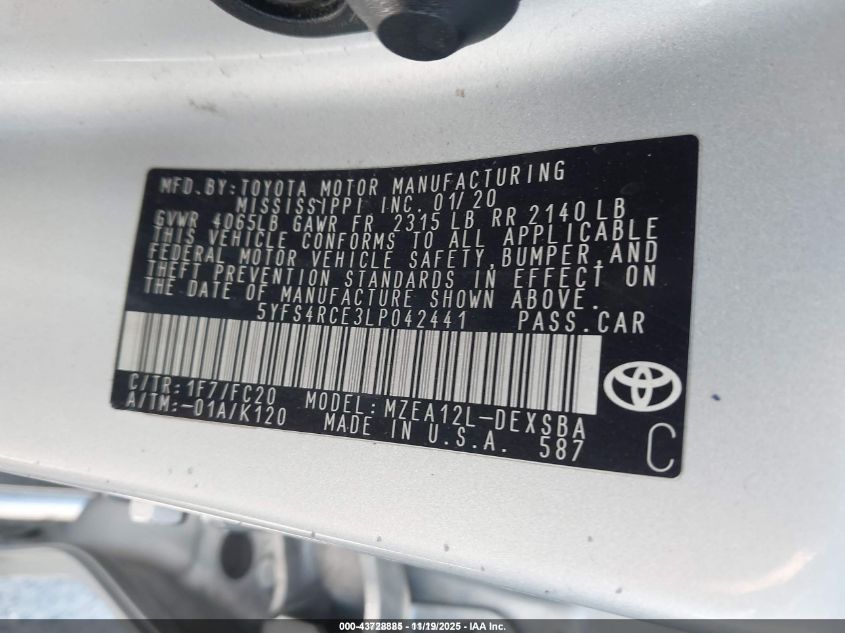 2020 Toyota Corolla Se VIN: 5YFS4RCE3LP042441 Lot: 43728885