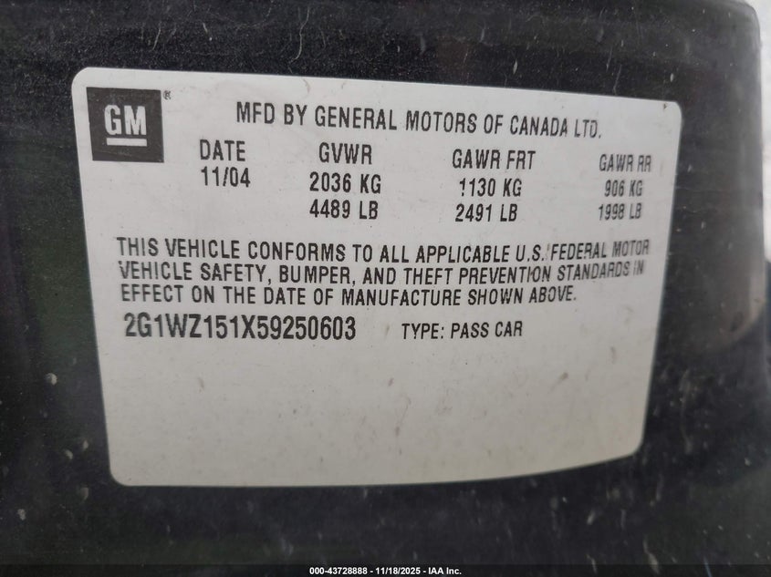 2005 Chevrolet Monte Carlo Supercharged Ss VIN: 2G1WZ151X59250603 Lot: 43728888